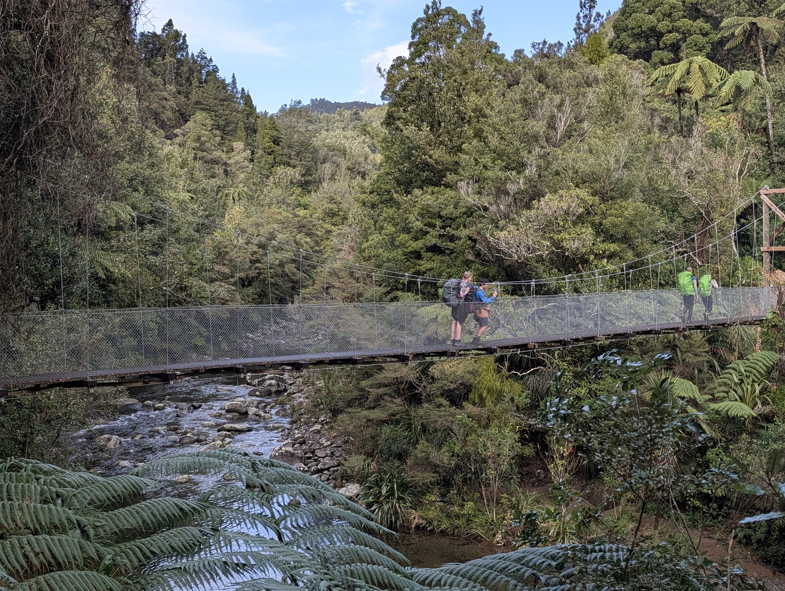 Crossing one of the many swingbridges on the Waitawheta River