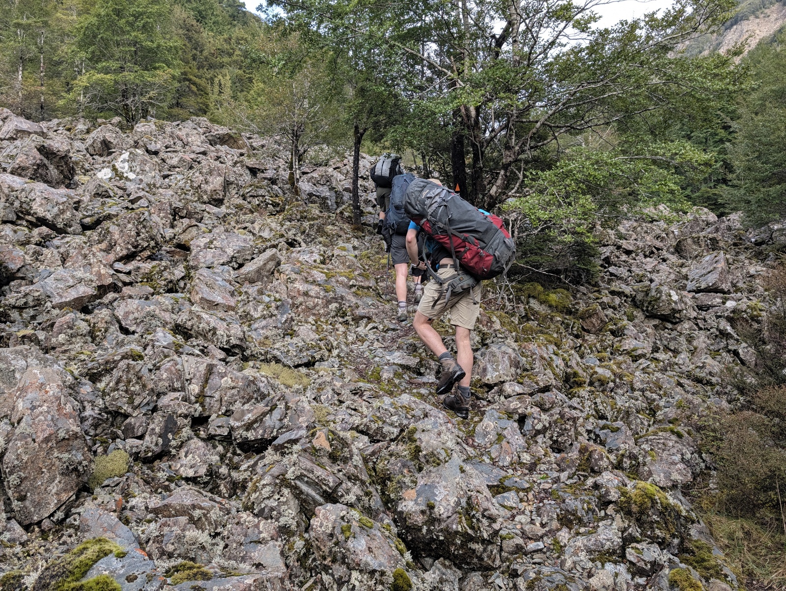 Also typical all the way along the Wangepka: climbing over big piles of rocks where there have been slips