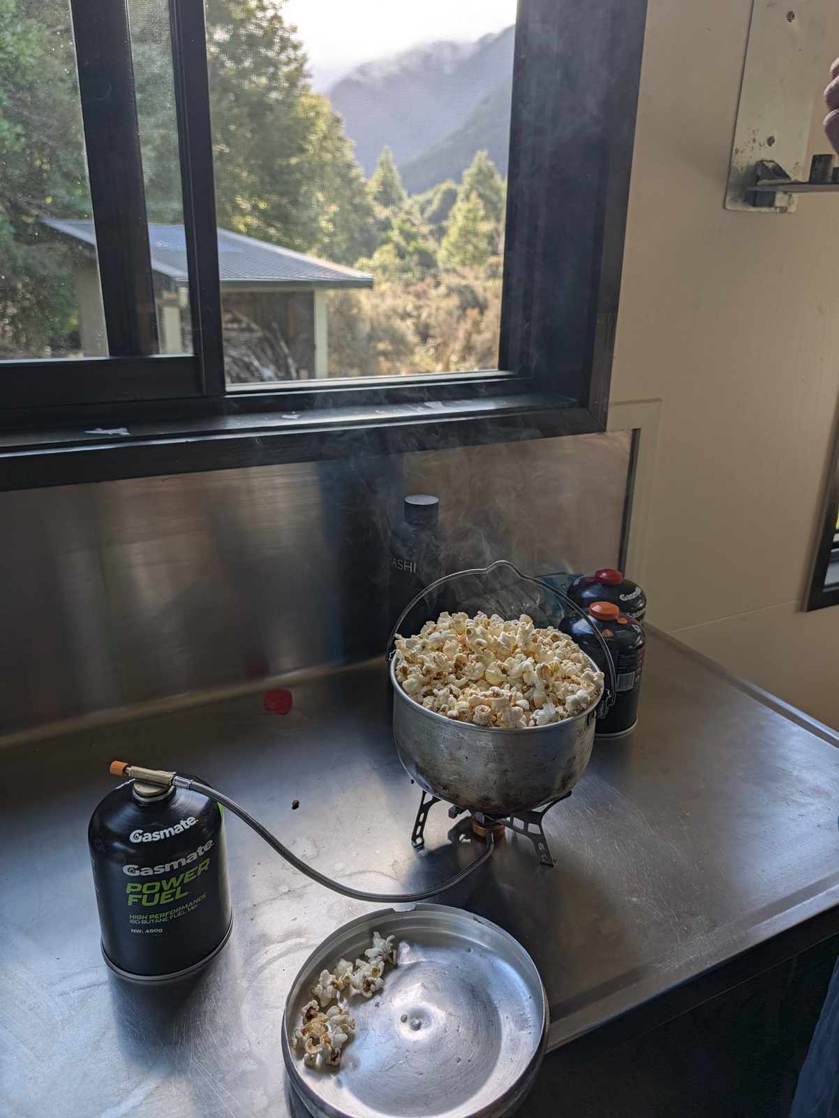 Making popcorn at Trevor Carter Hut