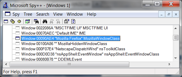 Spy++ showing that Firefox only has one HWND