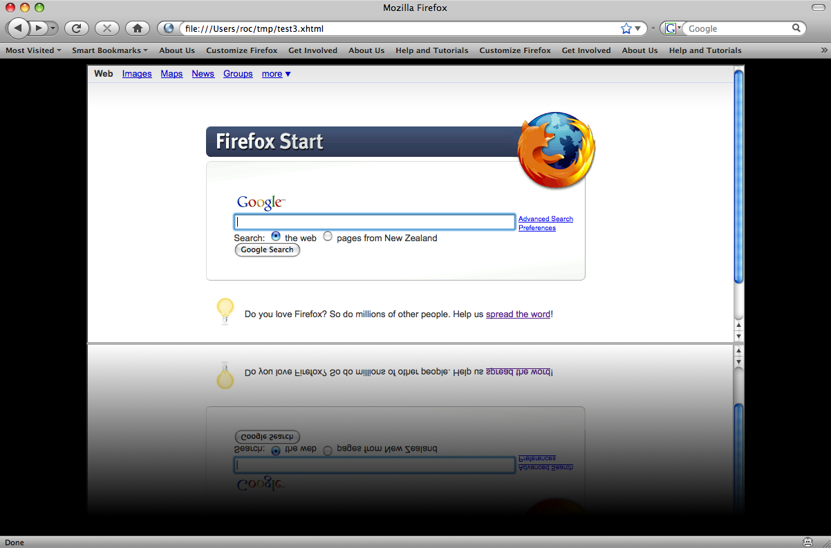 Firefox start page with reflection